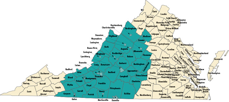Map of Virginia with Goodwill service areas highlighted