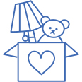 icon illustration of an open box with a lamp and teddy bear sticking out at the top