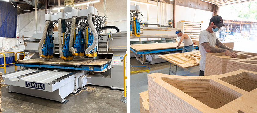 One of Goodwill's 2 CNC Routers for wood routing; Goodwill team members work on furniture components custom cut with CNC routing.