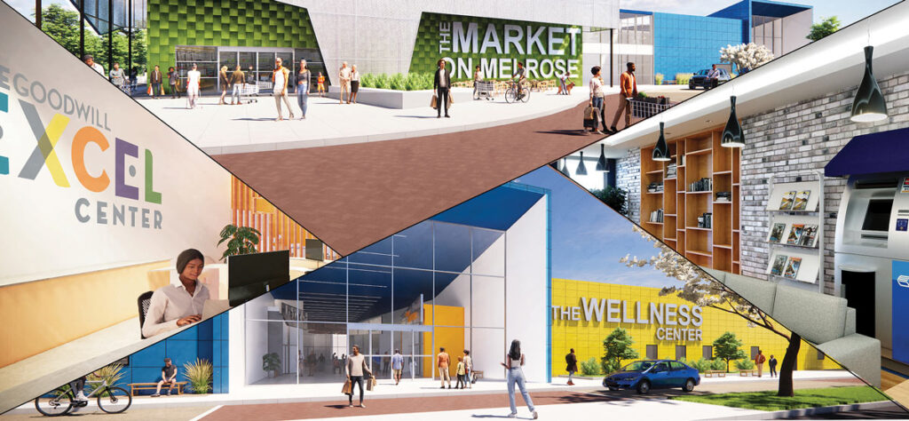 Collage of campus architectural renderings: Wellness Center, Market, Excel Center, and Bank